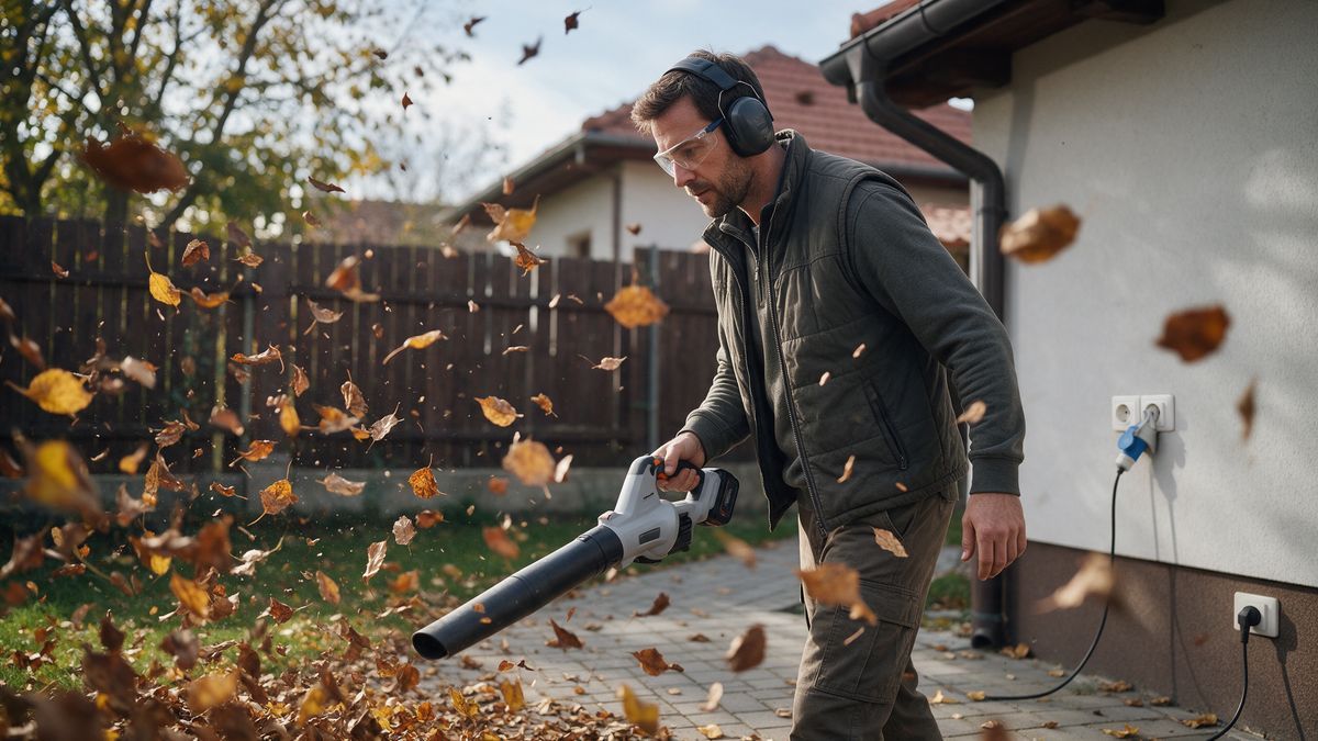 Bărbat cu protecție pentru auz și ochelari care curăță frunzele toamnei de pe o alee cu o suflantă cu acumulator, într-o curte cu gard de lemn
