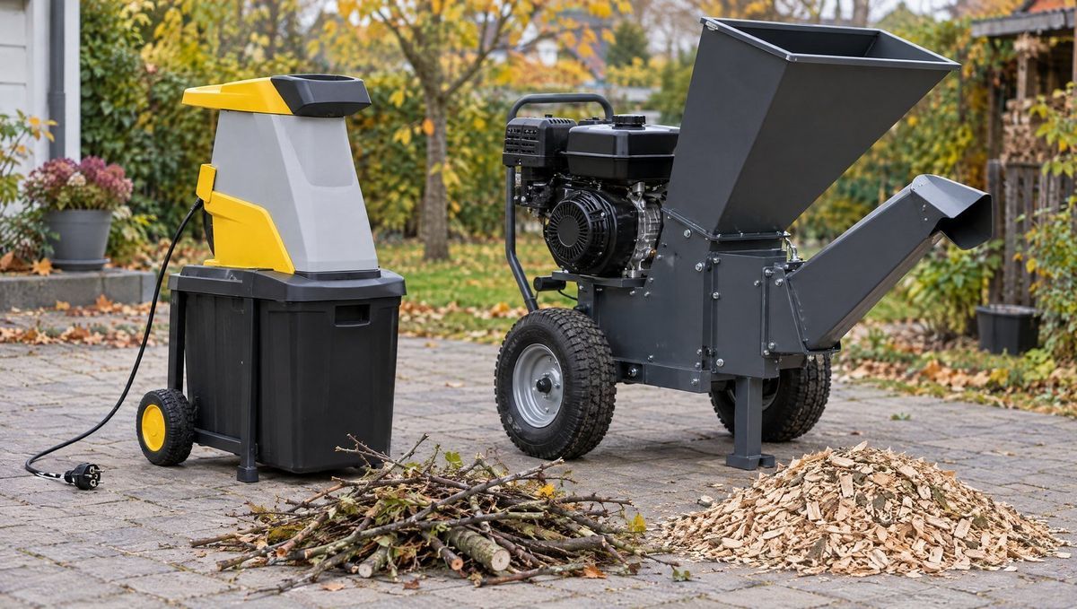 Un tocător de crengi electric compact și un tocător mare pe benzină, unul lângă altul, cu crengi și așchii în față