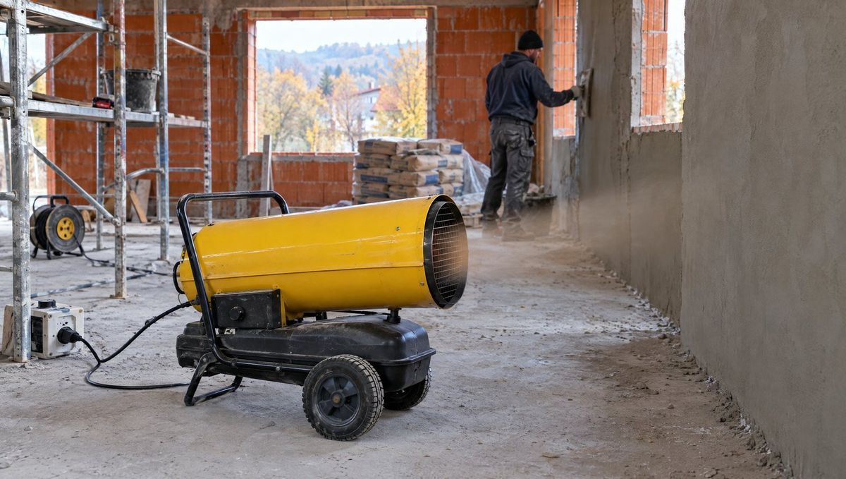 Tun de căldură care încălzește o construcție la roșu pe șantier
