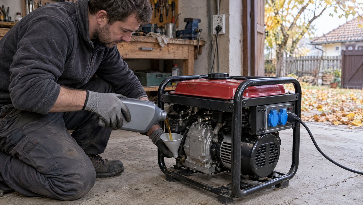 Bărbat care toarnă ulei de motor printr-o pâlnie în carterul unui generator de curent pe benzină, într-un garaj de la țară, toamna